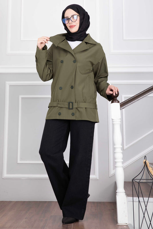 Hooded Belted Short Trench Coat In Khaki