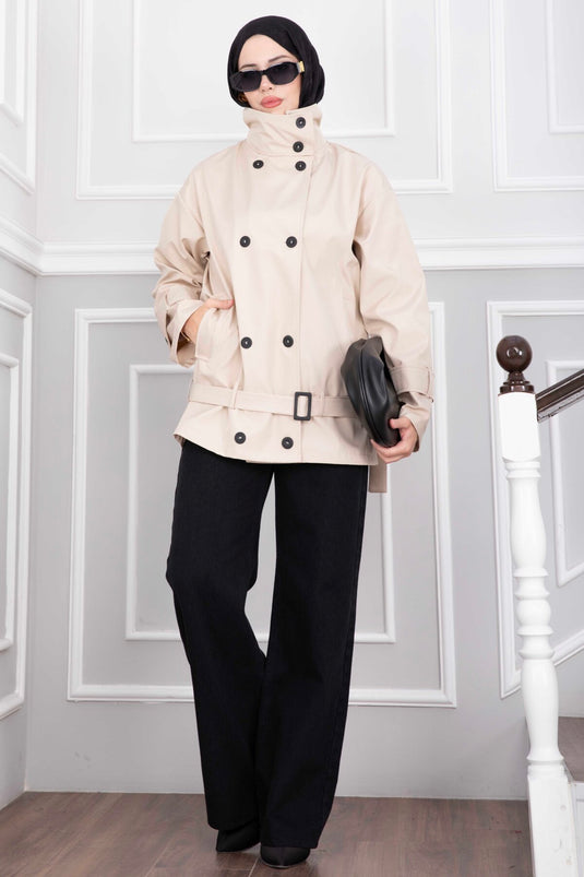 Cream Short Trench Coat With Belt And Wide Collar