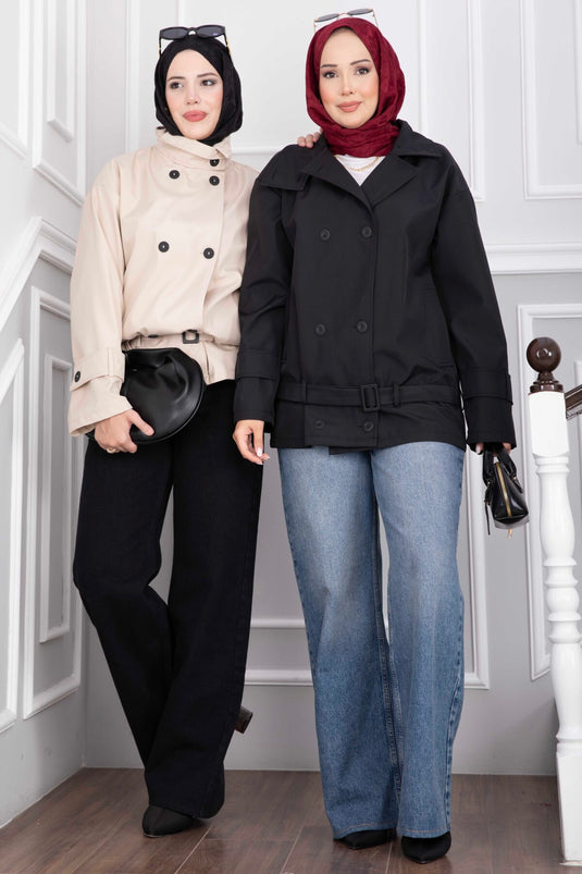 Cream Short Trench Coat With Belt And Wide Collar