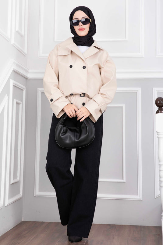Cream Short Trench Coat With Belt And Wide Collar