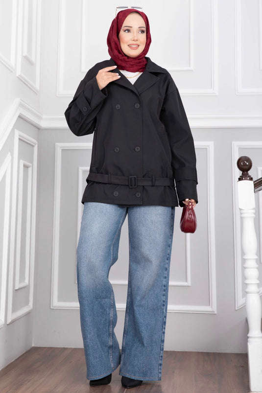Black Short Trench Coat With Belt And Wide Collar