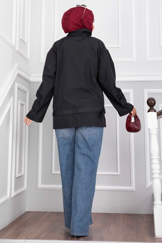 Black Short Trench Coat With Belt And Wide Collar