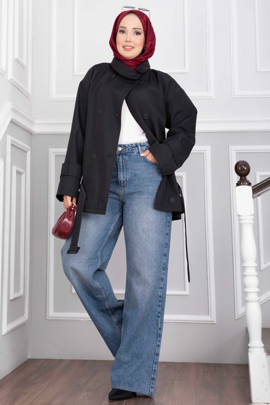 Black Short Trench Coat With Belt And Wide Collar