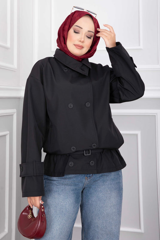 Black Short Trench Coat With Belt And Wide Collar