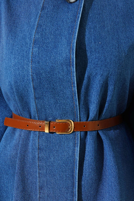 Stand Collar Belted Denim Poncho Denim Blue