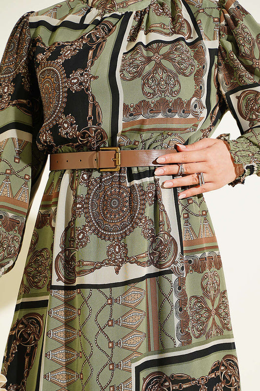 Groene Gebloemde Tuniek Met Wijde Kraag En Mouwdetails