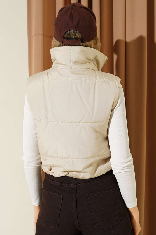 Dik Yaka Kolsuz  Şişme Mont Bej