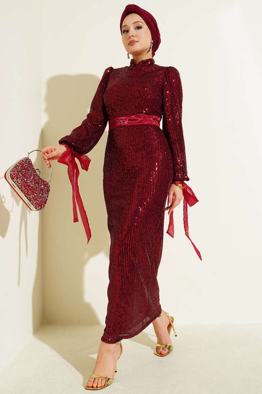 High Neck Belted Studded Sequined Evening Dress Burgundy