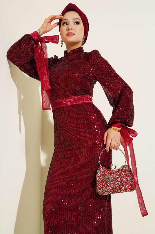 High Neck Belted Studded Sequined Evening Dress Burgundy