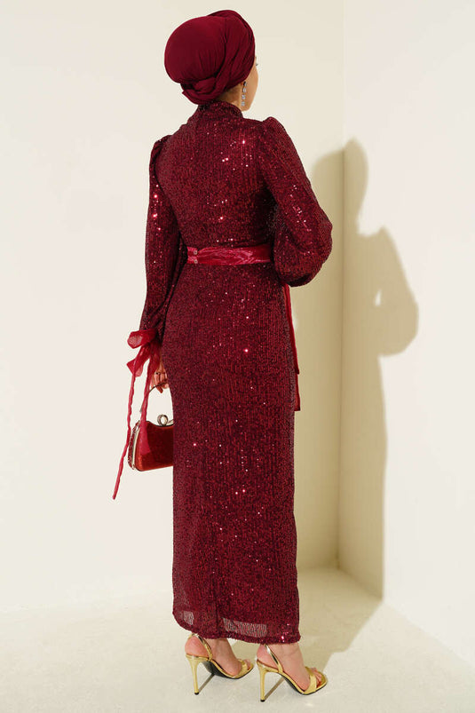 High Neck Belted Studded Sequined Evening Dress Burgundy