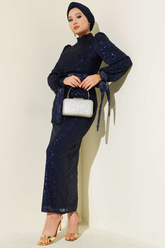 Navy Blue formal dress with a high collar, belt, and sequin embellishments