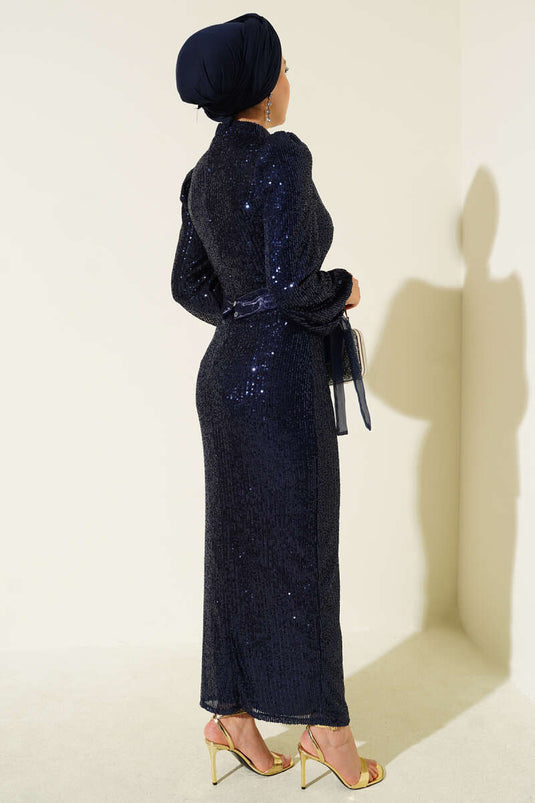 Navy Blue formal dress with a high collar, belt, and sequin embellishments