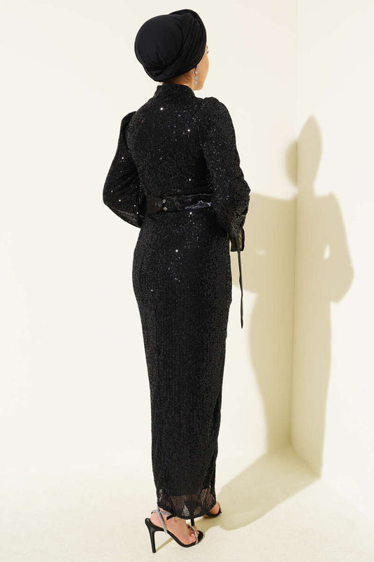Black Evening Gown with Stand-Up Collar, Belt, and Beaded Sequins