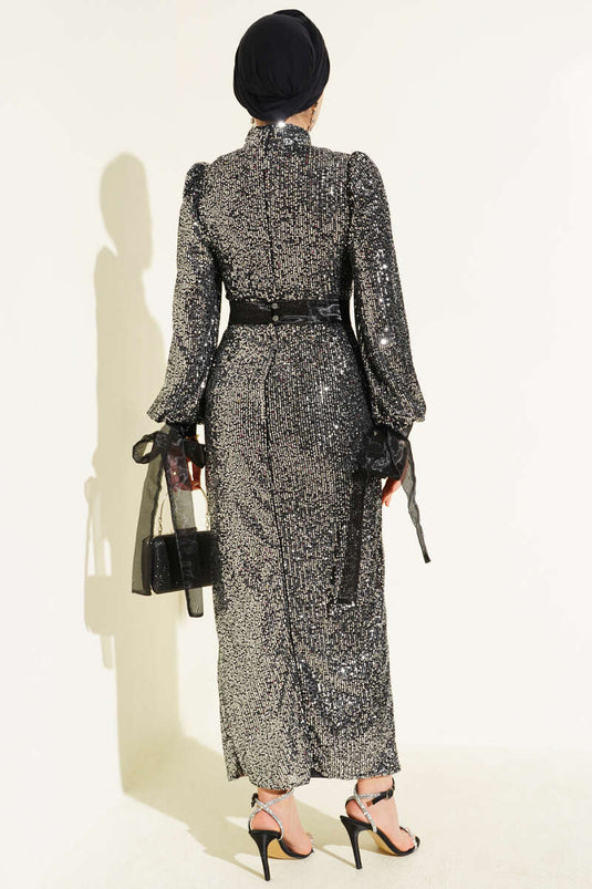 High Neck Belted Sequin Embellished Evening Gown in Black and Silver