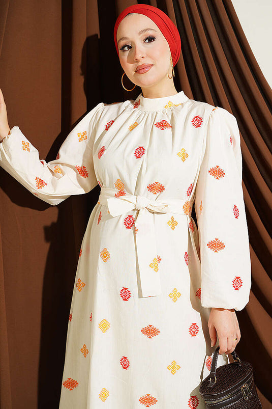 Orange Embroidered High Neck Dress
