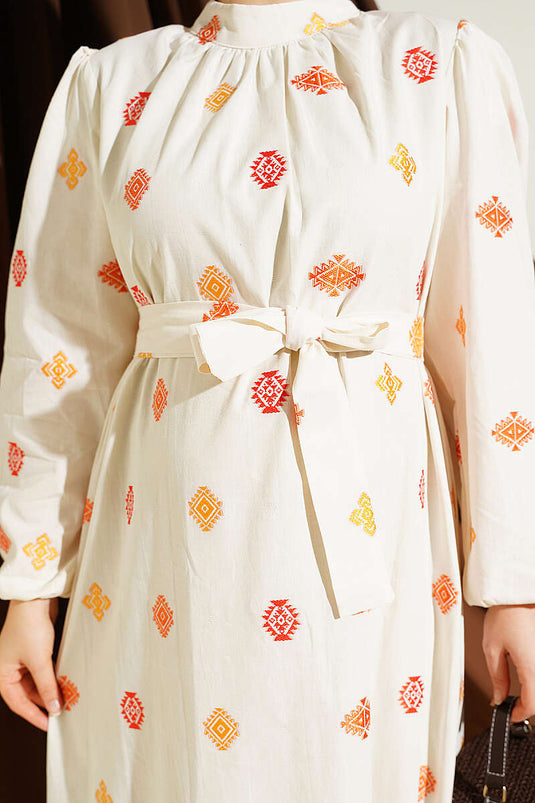 Orange Embroidered High Neck Dress