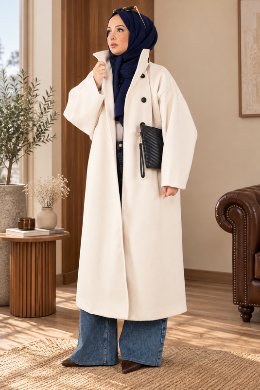 Dik Yaka Oversize Astarlı Kaban Ekru