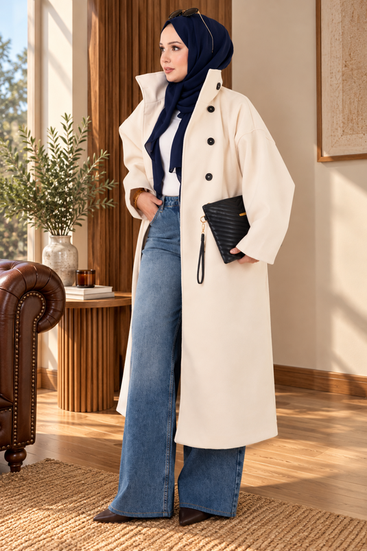 Dik Yaka Oversize Astarlı Kaban Ekru