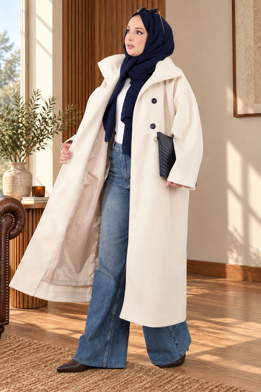 Dik Yaka Oversize Astarlı Kaban Ekru