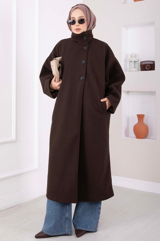 Dik Yaka Oversize Astarlı Kaban Kahve