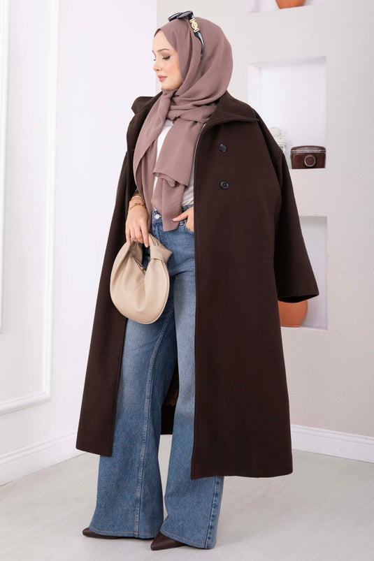 Dik Yaka Oversize Astarlı Kaban Kahve
