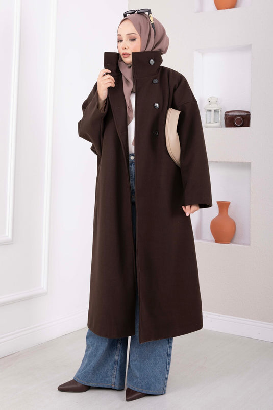 Dik Yaka Oversize Astarlı Kaban Kahve