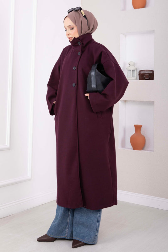 Dik Yaka Oversize Astarlı Kaban Mürdüm