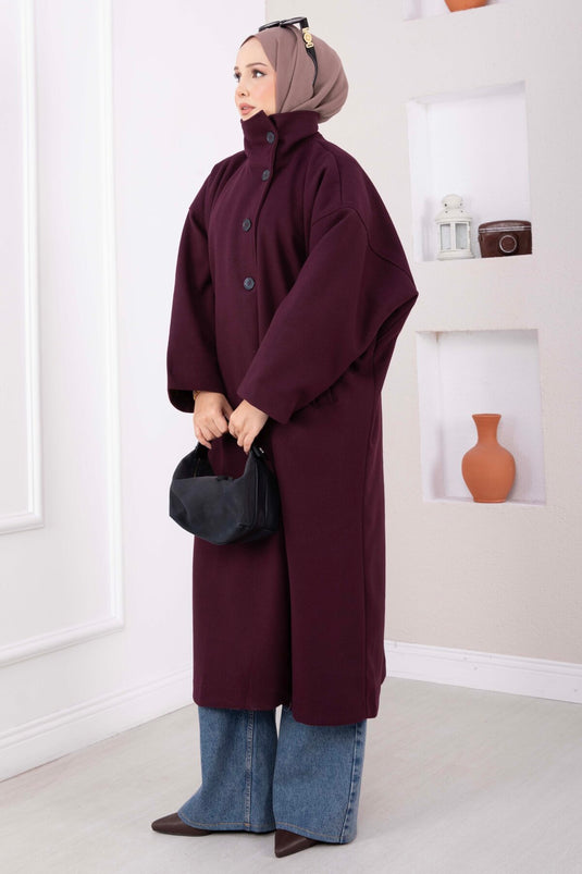 Dik Yaka Oversize Astarlı Kaban Mürdüm