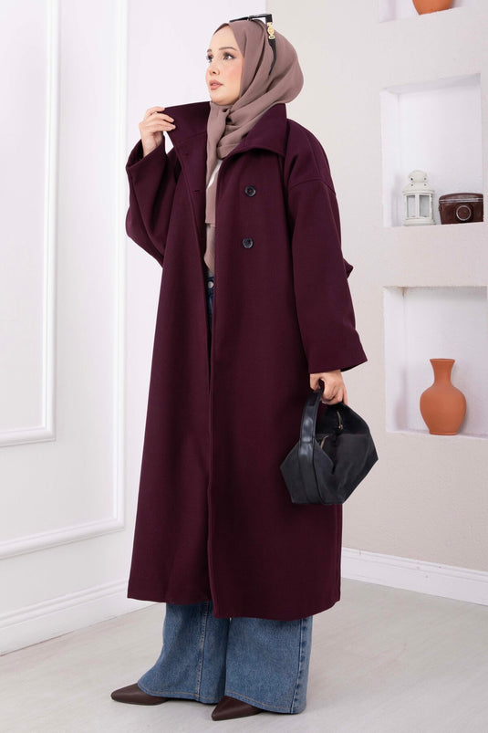 Dik Yaka Oversize Astarlı Kaban Mürdüm