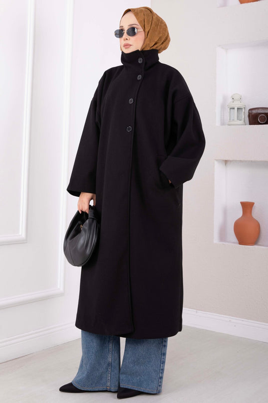 Dik Yaka Oversize Astarlı Kaban Siyah