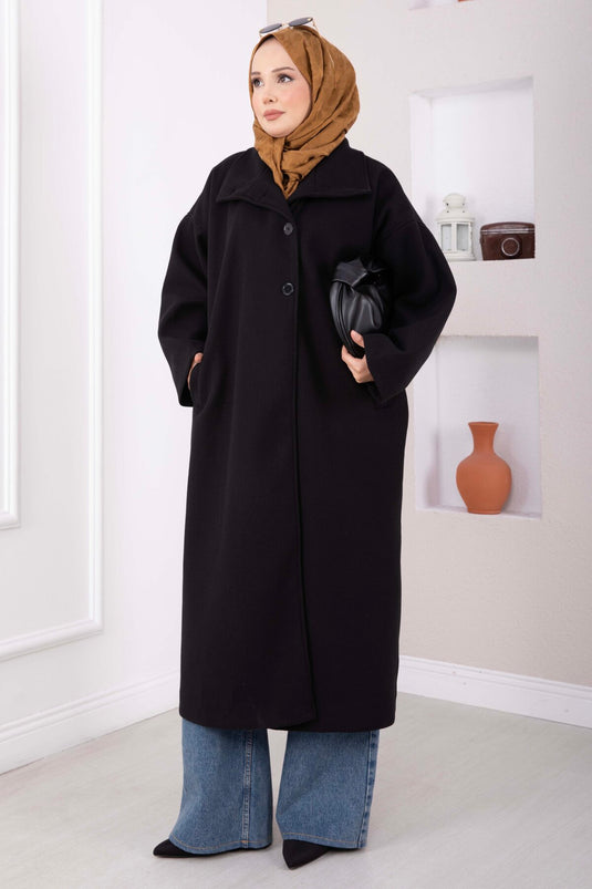 Dik Yaka Oversize Astarlı Kaban Siyah