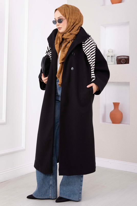 Dik Yaka Oversize Astarlı Kaban Siyah