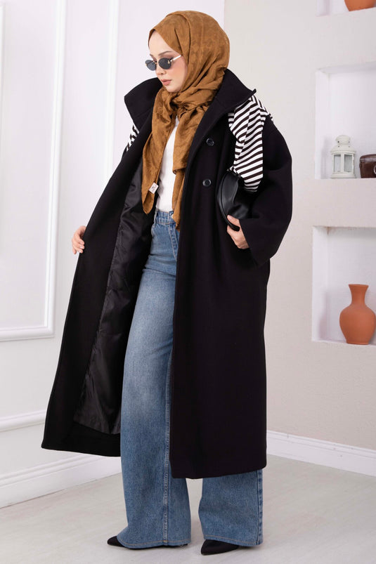 Dik Yaka Oversize Astarlı Kaban Siyah