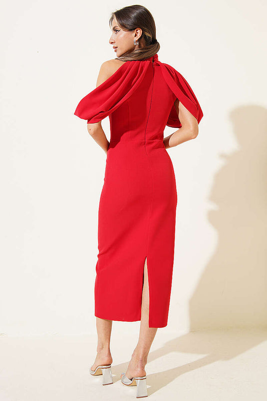 Abendkleid mit hohem Kragen und Cape-Detail Rot