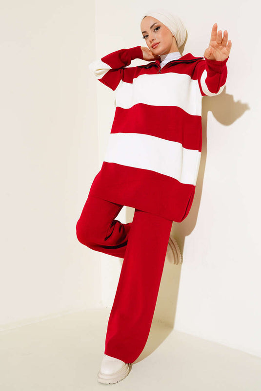 Thick Neck Color Blocked Knit Two-Piece Set Red