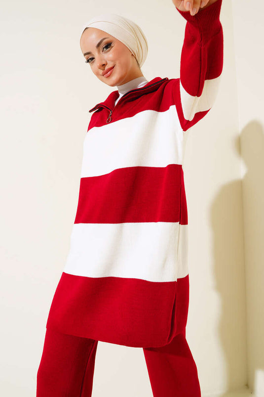 Thick Neck Color Blocked Knit Two-Piece Set Red