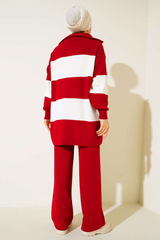 Thick Neck Color Blocked Knit Two-Piece Set Red