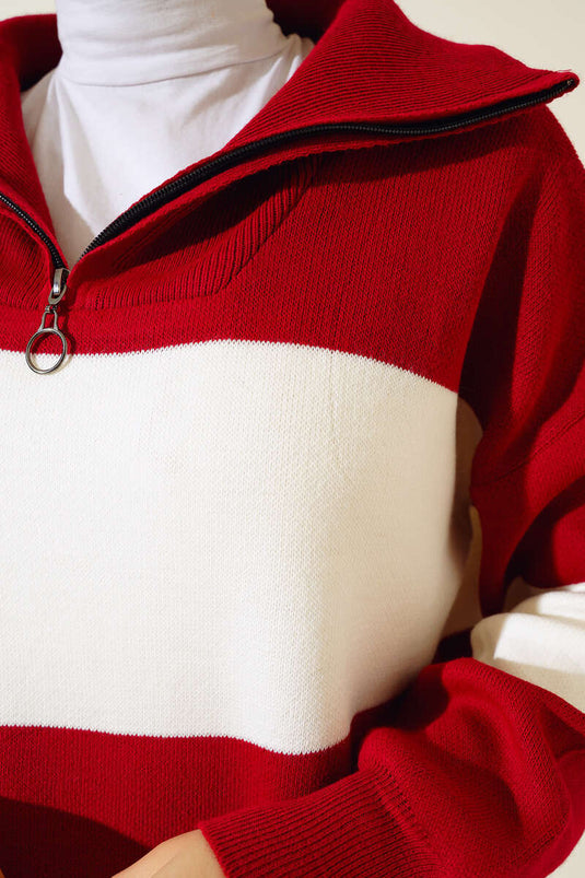 Thick Neck Color Blocked Knit Two-Piece Set Red