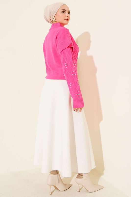 سترة محبوكة بياقة واقفة وردية اللون