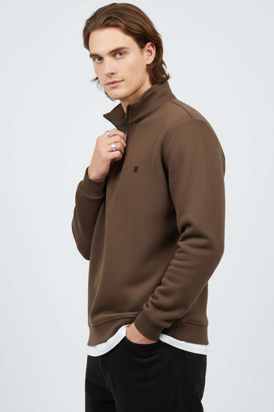 Stand-Up Collar Half-Zip Sweatshirt, Brown