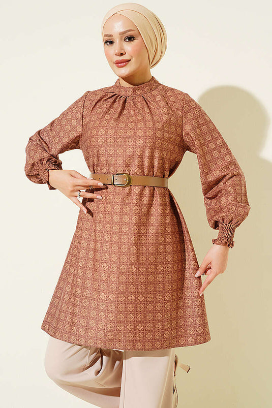 High Neck Yonca Patterned Tunic In Rose Brown