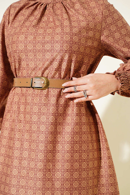High Neck Yonca Patterned Tunic In Rose Brown