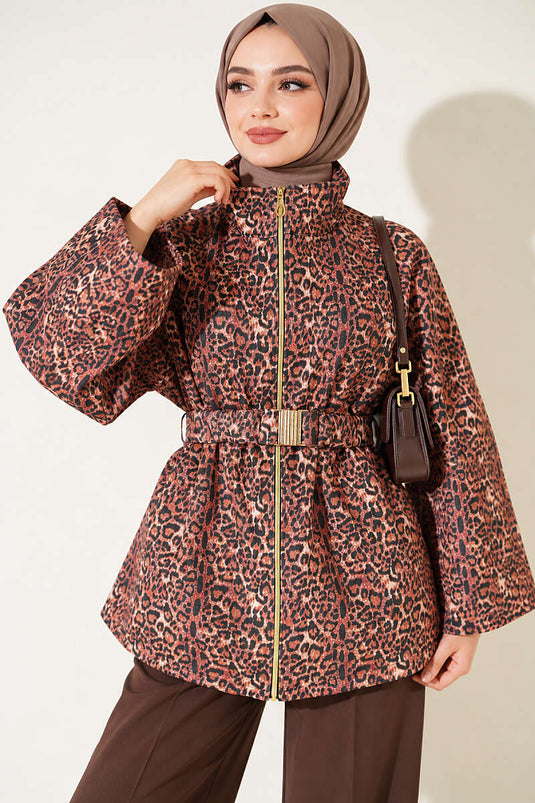 Giacca Scuba Leopard Con Colletto Alto E Cintura