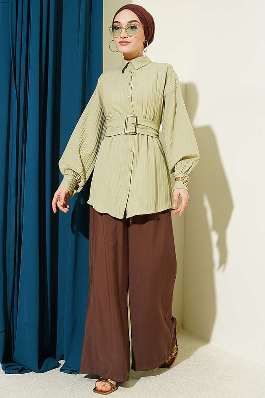 Chemise rayée à ceinture rectangulaire avec boucle, vert avocat