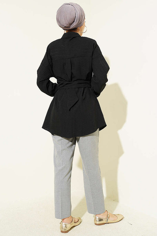 Rectangular Buckle Striped Shirt Black