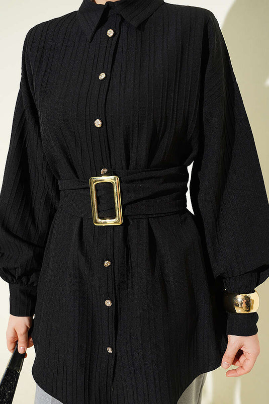 Rectangular Buckle Striped Shirt Black