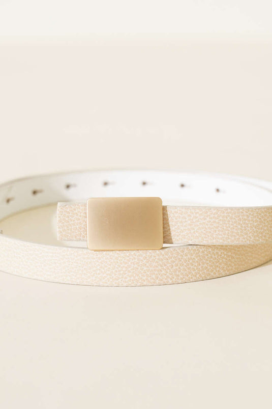 Rectangular Thin Belt with Metal Buckle, Beige