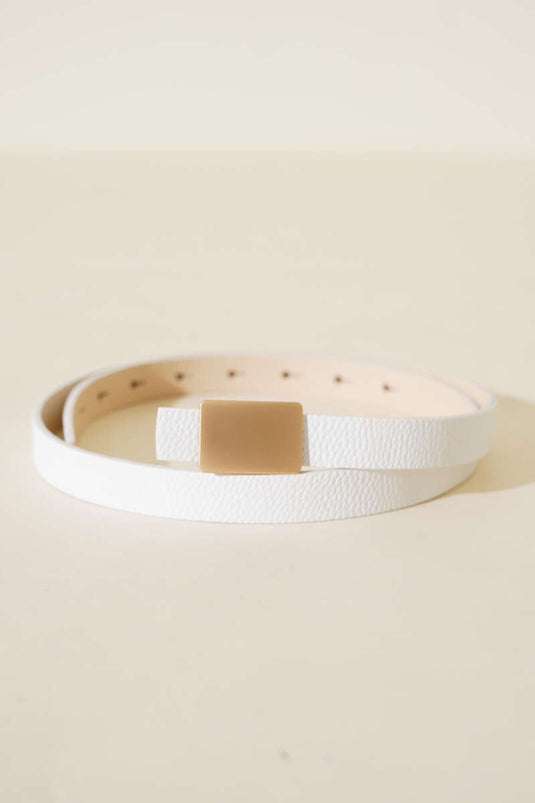 Rectangular Metal Buckle Thin Belt White