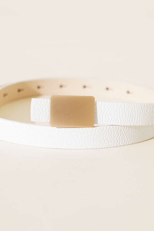 Rectangular Metal Buckle Thin Belt White