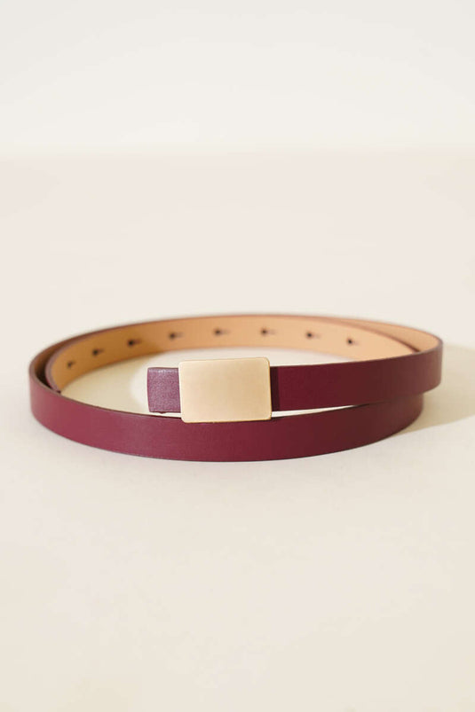 Rectangular Thin Belt with Metal Buckle, Burgundy